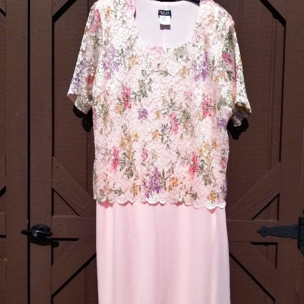 Vtg 90s Helene Blake Peach Blush Chiffon Lace Overlay Floral Mother Of Bride 20W